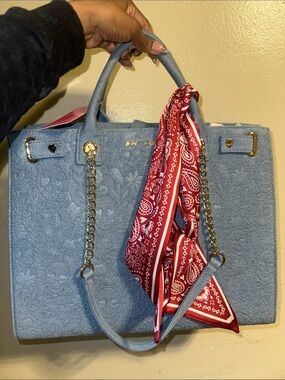 Betsey Johnson Sky Blue denim Floral Embossed Satchel with Red Bandana Accent